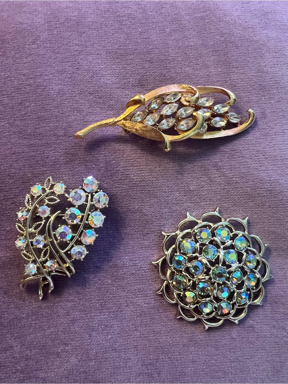 Mid Century Gold & Silver Tone AB Crystal Leaf and Floral Brooch Set